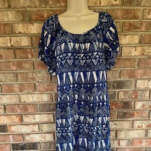 Knox Rose Womens Printed Scoop Neck Short Puff Sleeve Midi Maxi Dress Blue Small